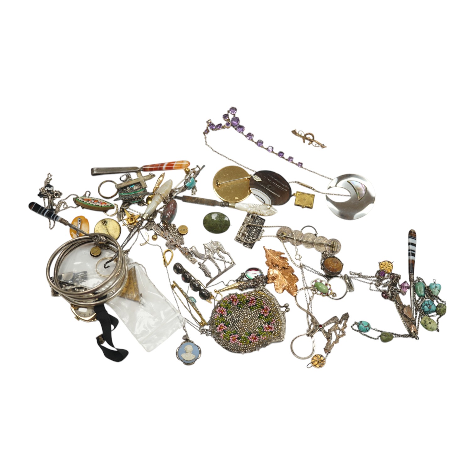 A collection of assorted Victorian and later jewellery, including silver brooch, 9ct ring, amethyst necklace, a 9ct gold manual wind wrist watch, etc. Condition - poor to fair